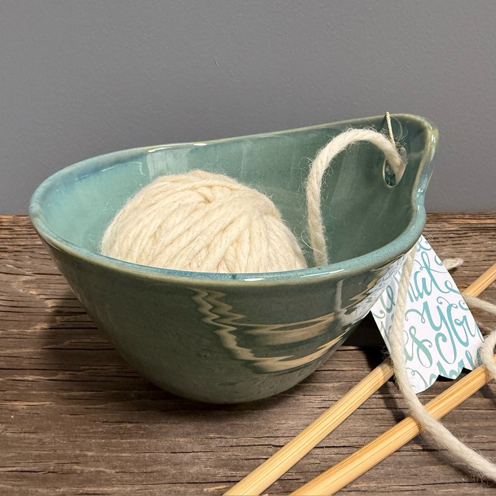 NEW Handcrafted Pottery Yarn Bowl, sea greeny blue